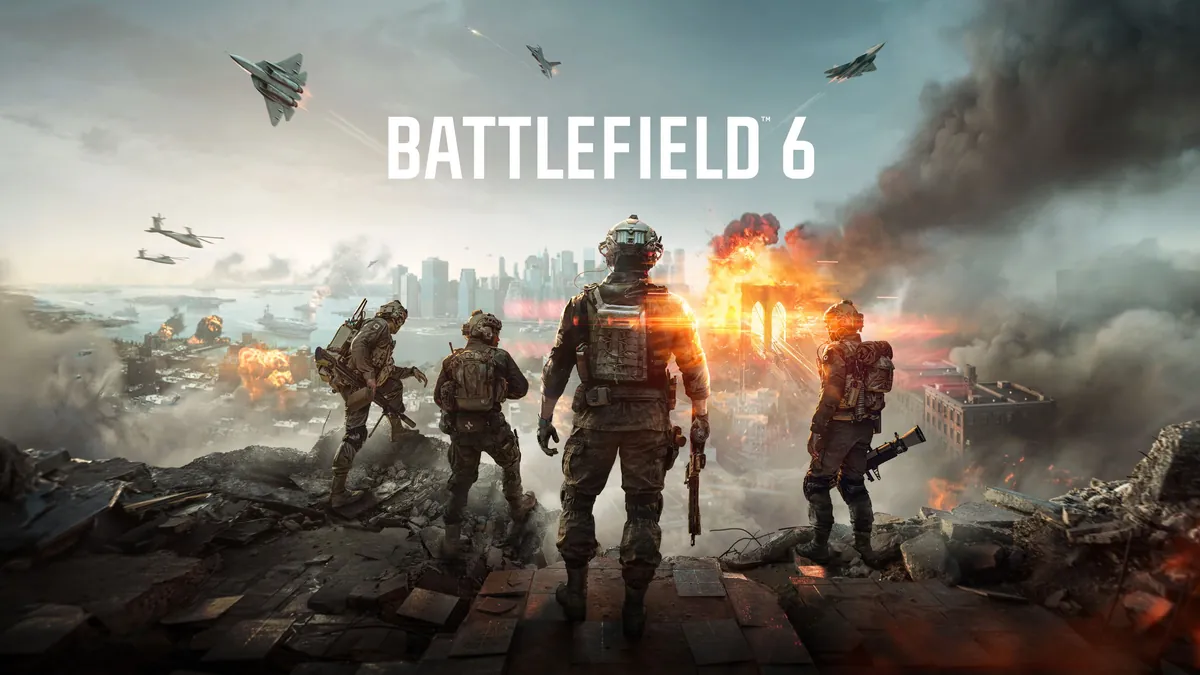 Battlefield 6 key art of soldiers advancing through a burning city, from DICE