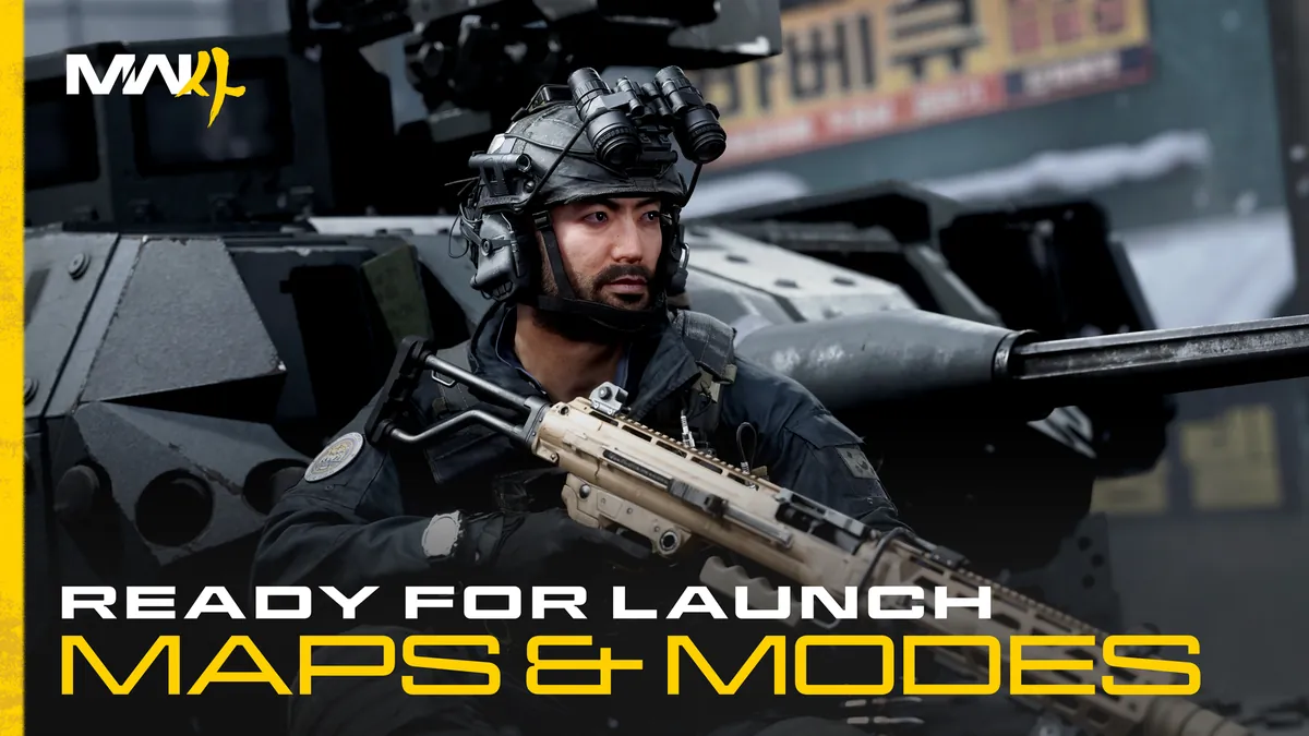 Call of Duty: Modern Warfare 4 art of a soldier with a rifle in front of an armoured vehicle, titled Ready for Launch: Maps & Modes