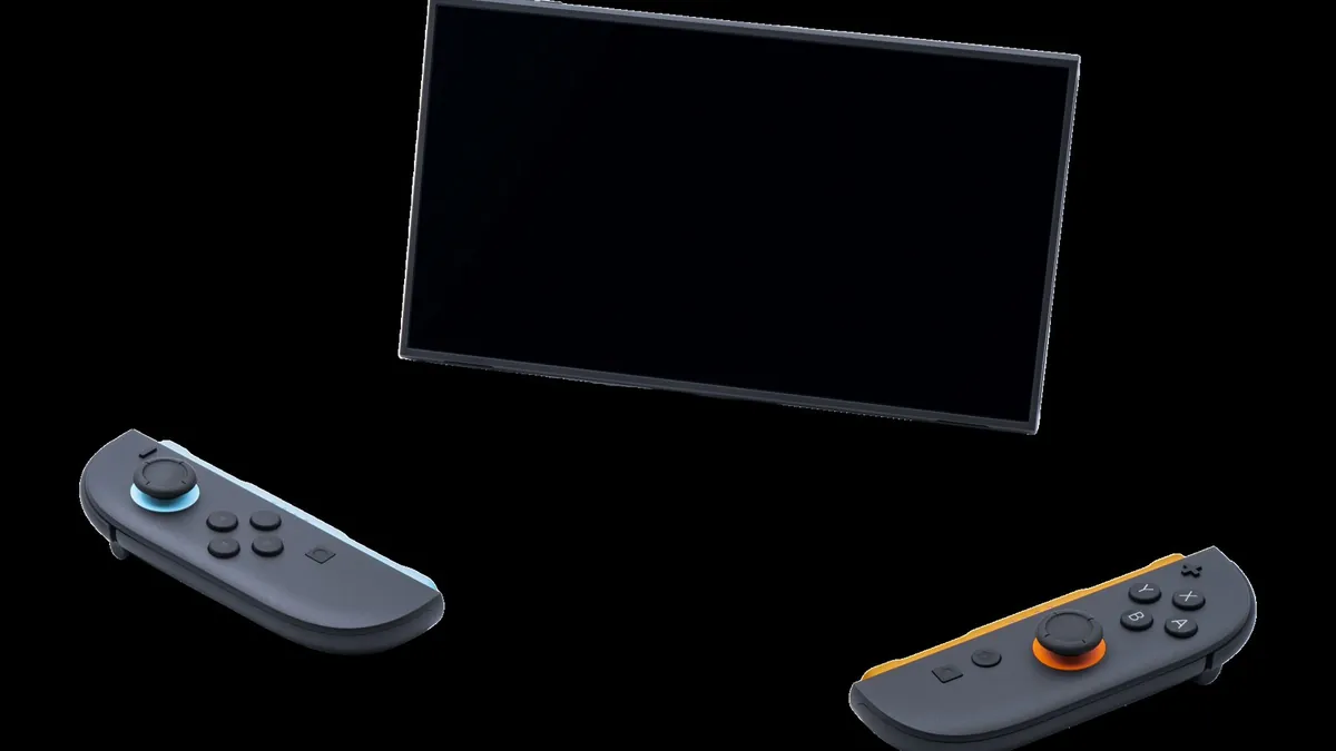 A Nintendo Switch 2 screen on its stand with the two Joy-Con controllers beside it