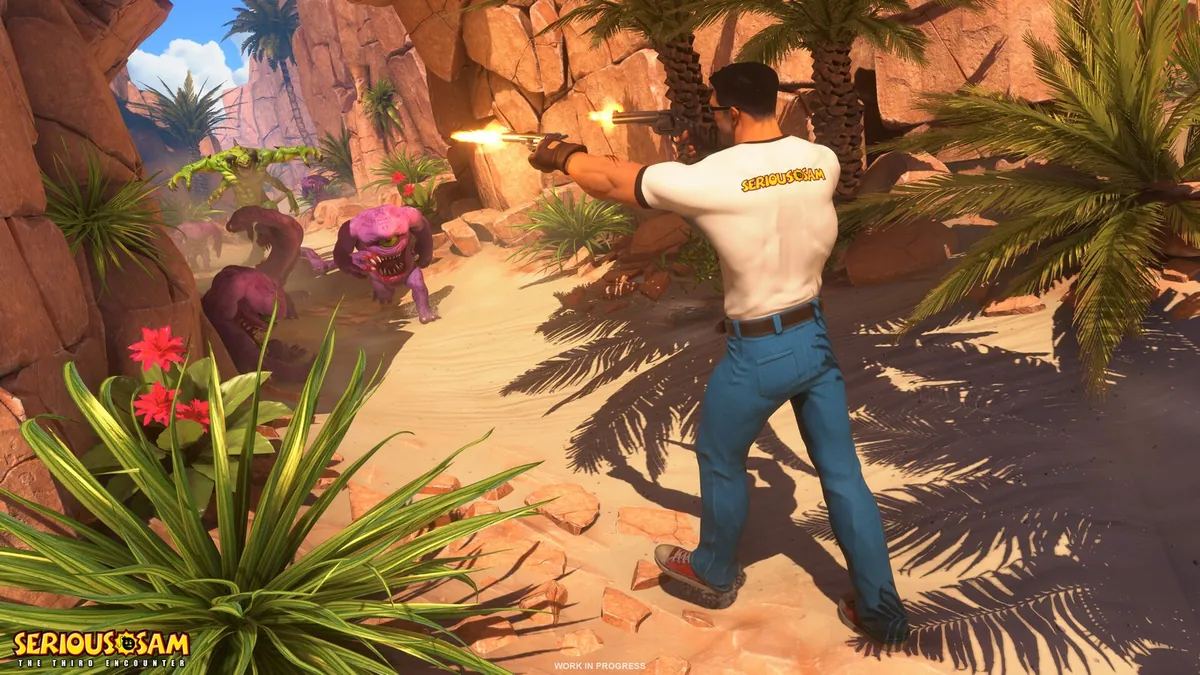 Serious Sam: The Third Encounter screenshot of Sam firing at enemies in a desert canyon
