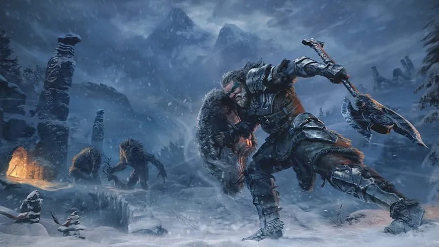 Elder Scrolls Online Season Two art of a werewolf-like beast in a snowy Skyrim landscape