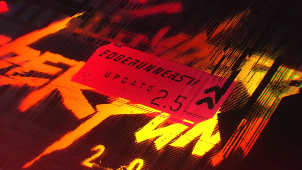 Cyberpunk 2077 Edgerunners 2 Update 2.5 key art in neon red and yellow