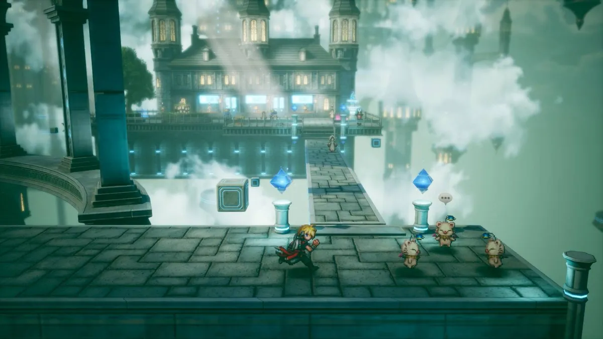 Final Fantasy Resonance screenshot of the hero and moogles in a bright HD-2D town below a castle in the sky