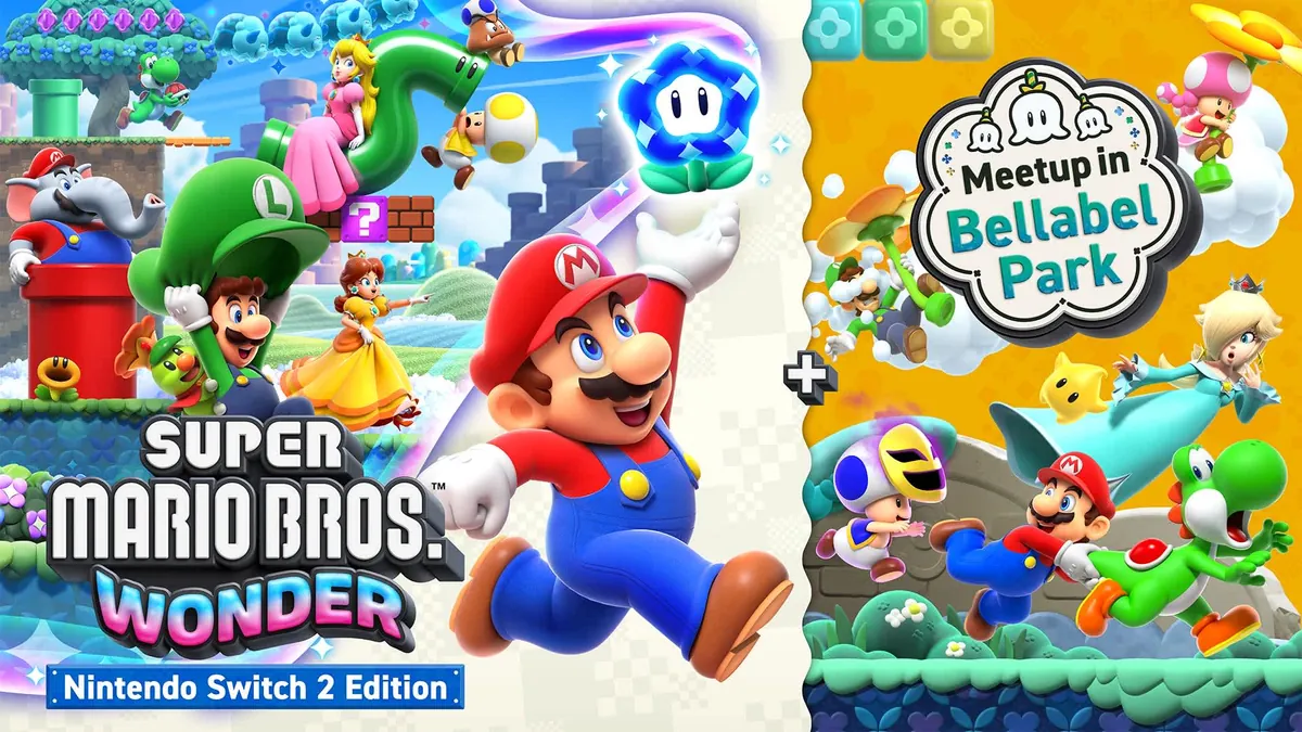 Super Mario Bros. Wonder Nintendo Switch 2 Edition key art showing Mario leaping toward a Wonder Flower, with Luigi, Peach, Daisy and Yoshi