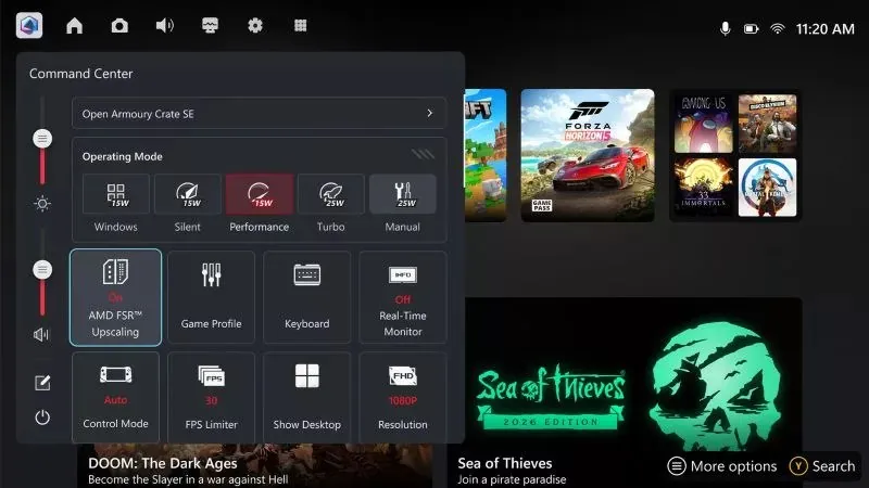 ROG Xbox Ally Command Center screen showing the AMD FSR Upscaling tile