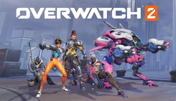 Overwatch 2 key art of Tracer, D.Va and other heroes beside the Overwatch 2 logo