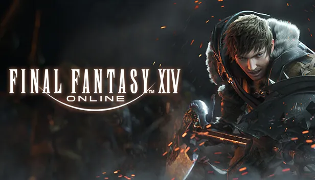 Final Fantasy XIV Online key art with a hooded warrior beside the game's logo