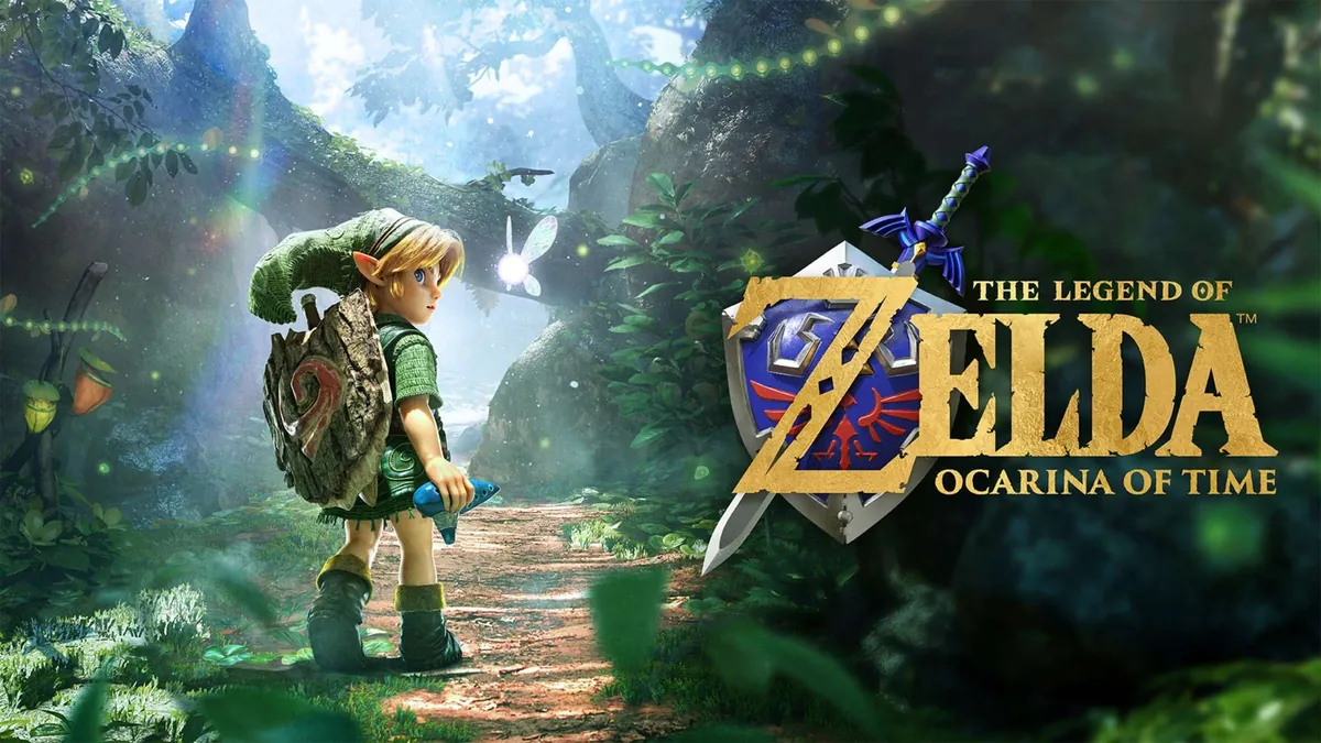 The Legend of Zelda: Ocarina of Time key art showing Link and Navi in a forest, from Nintendo