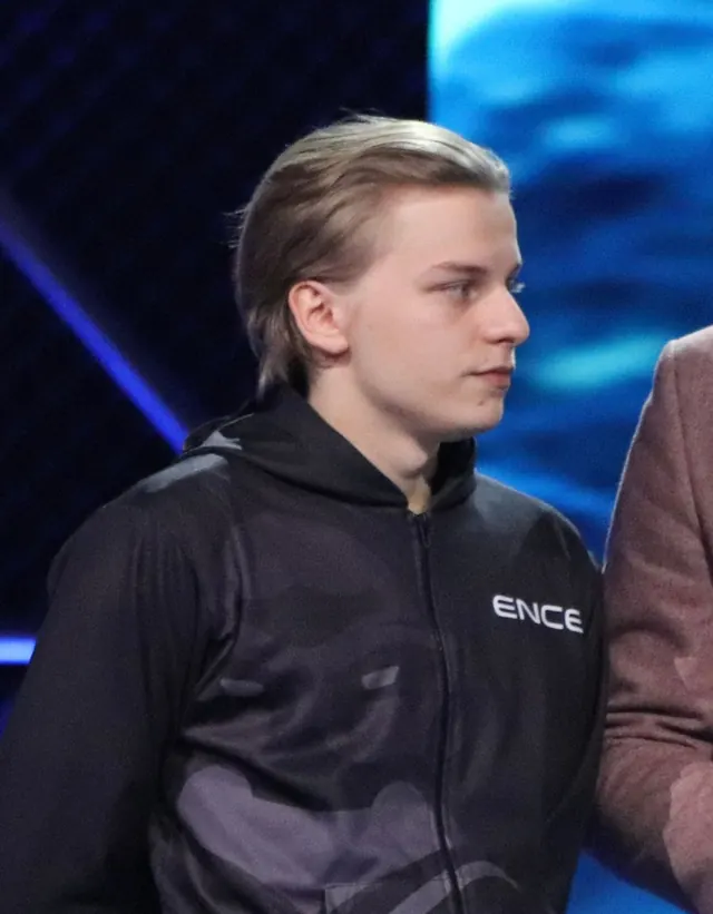 Aleksi "Aleksib" Virolainen on stage in an ENCE jersey at IEM Katowice 2019
