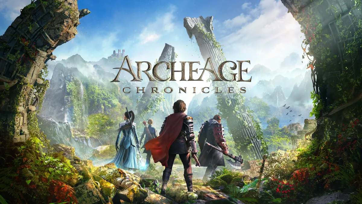 ArcheAge Chronicles key art of a group of adventurers looking over a green, ruined valley