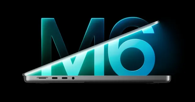 Apple's M6 logo over a 14-inch MacBook Pro, from Apple's announcement
