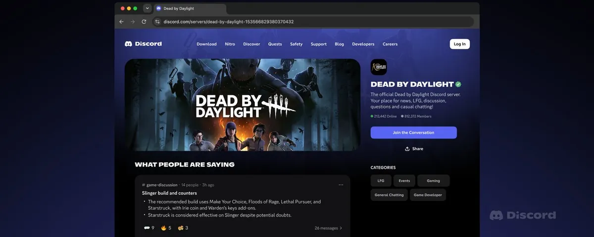 A Discord Server Web Page for a Dead by Daylight community, from Discord's announcement