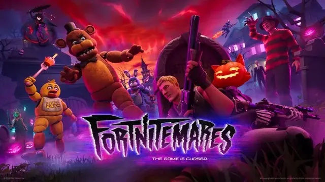 Fortnitemares 2026 key art with Fortnite characters and animatronics under a purple sky