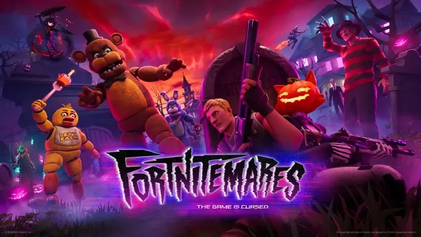 Fortnitemares 2026 key art with Fortnite characters and animatronics under a purple sky