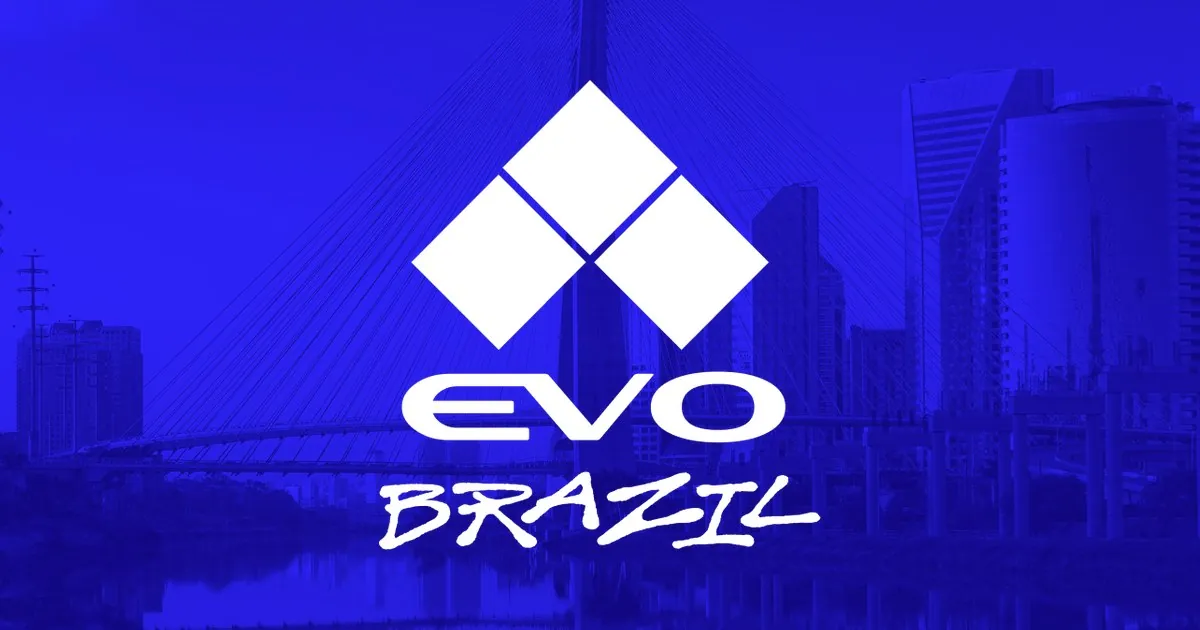 Evo Brazil logo in white over a blue-tinted São Paulo skyline and bridge