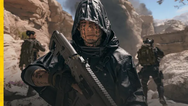 Modern Warfare 4 Season 1 art of a hooded soldier with a rifle and two armed operators in a rocky canyon