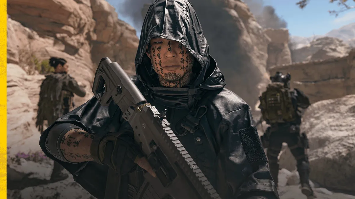 Modern Warfare 4 Season 1 art of a hooded soldier with a rifle and two armed operators in a rocky canyon