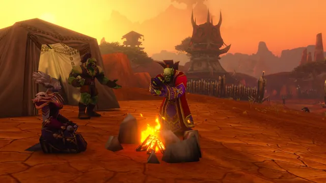 World of Warcraft: Forever art of three characters around a campfire in a red desert camp at sunset