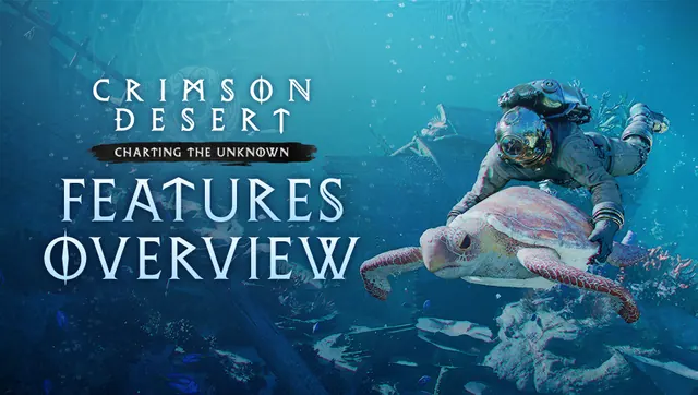 Crimson Desert: Charting the Unknown art of a diver in an old-style diving suit swimming beside a sea turtle