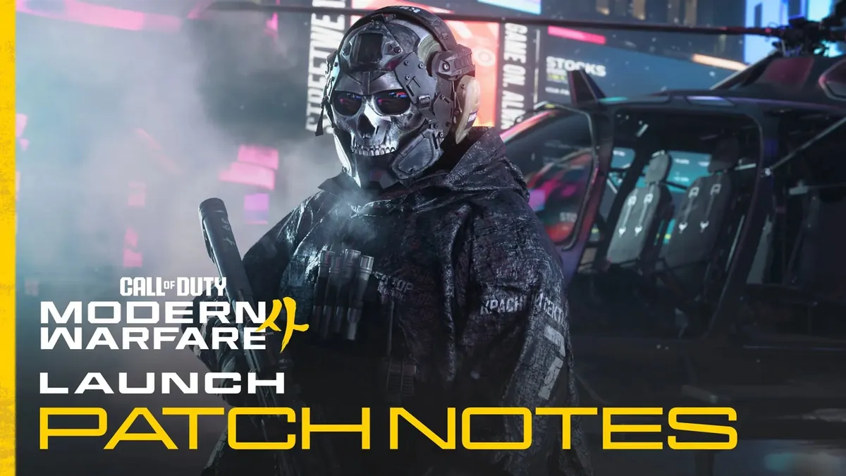Modern Warfare 4 launch patch notes art of a soldier in a skull mask and headset in front of a helicopter