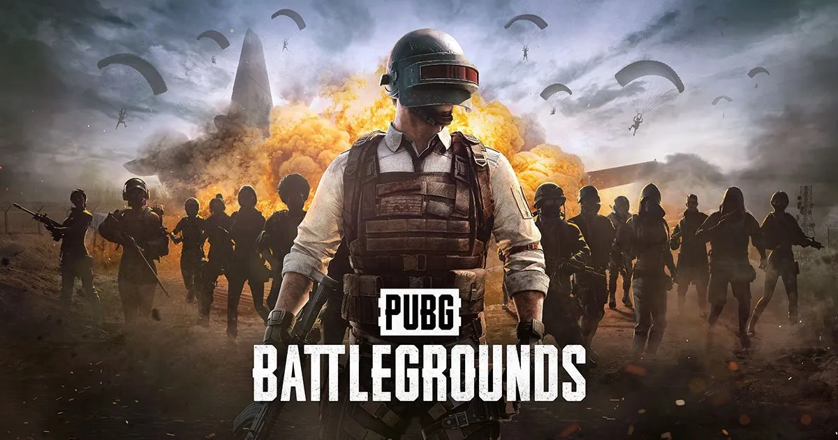 PUBG: Battlegrounds key art of a helmeted player with a squad and parachutes over an explosion