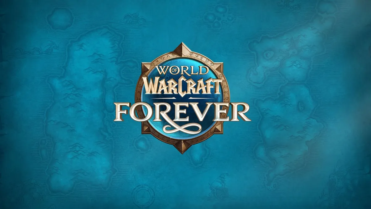 World of Warcraft: Forever logo on a teal painted map background