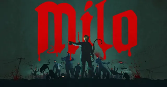 Milo key art: a figure stands over a horde of cultists and rats under a dripping red Milo logo
