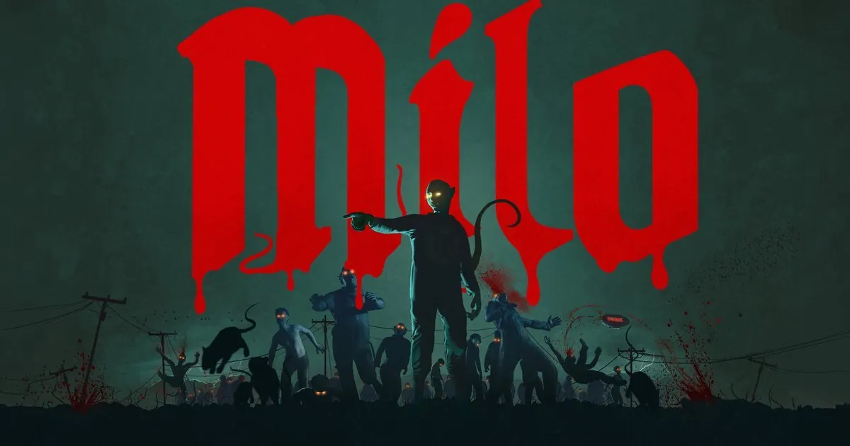 Milo key art: a figure stands over a horde of cultists and rats under a dripping red Milo logo