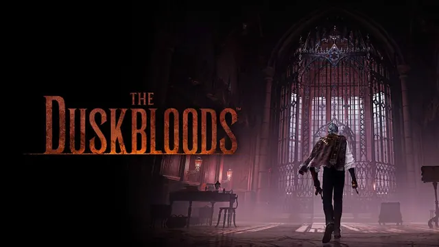 The Duskbloods key art: a white-haired figure in a long coat walks through a dim gothic hall under the game's logo