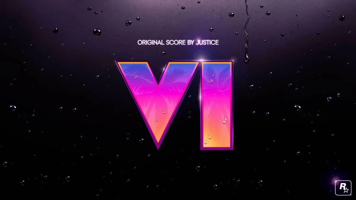Grand Theft Auto VI logo in a pink and purple gradient on a dark rain-speckled background, with the words Original Score by Justice