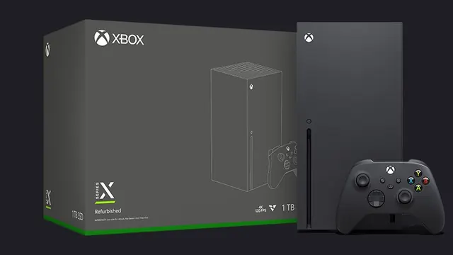 An Xbox Series X console and controller beside its Refurbished retail box