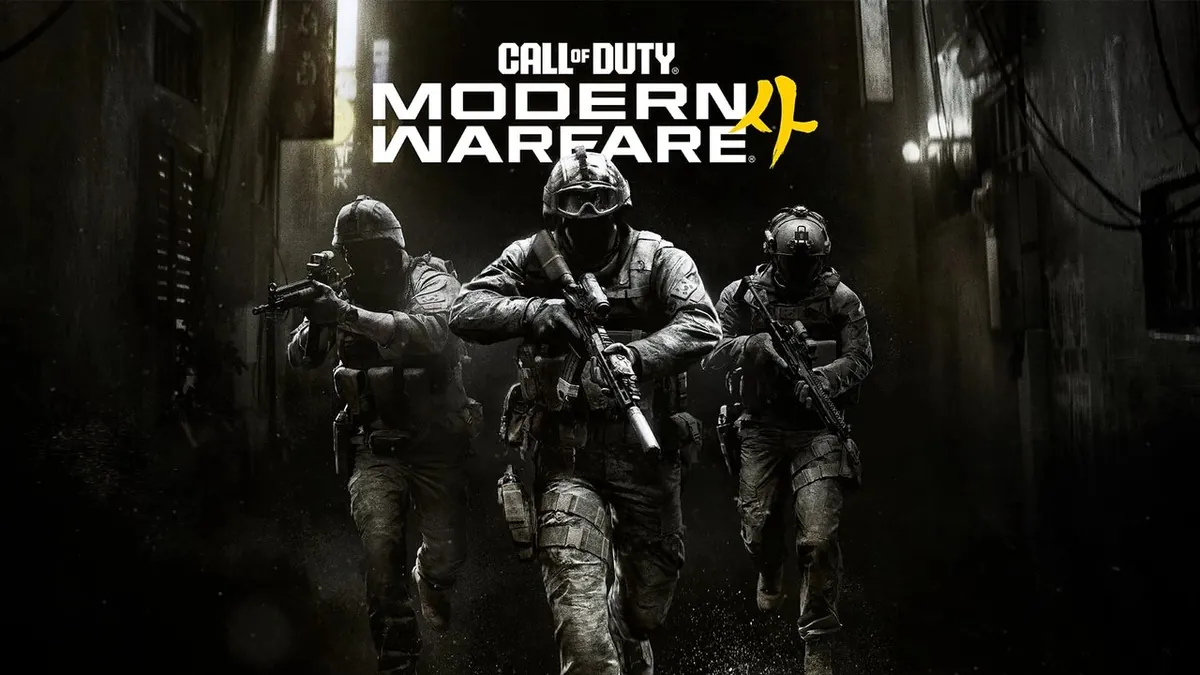 Call of Duty Modern Warfare 4 key art with three soldiers in tactical gear walking down a dark street