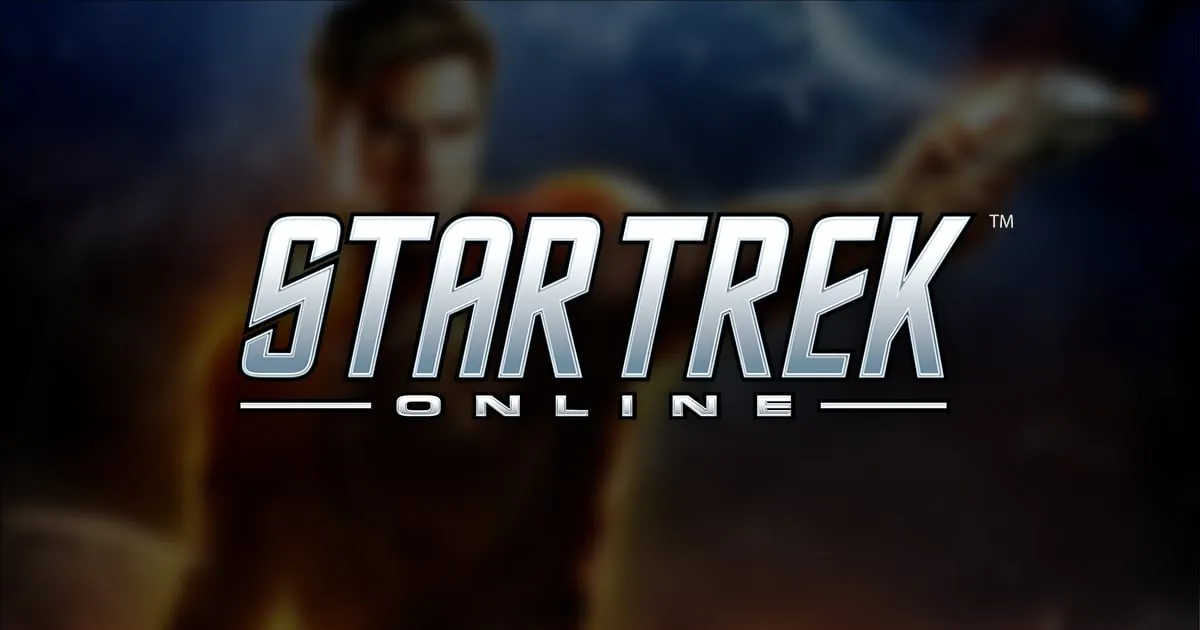 Star Trek Online logo in silver over dark artwork of a Starfleet officer
