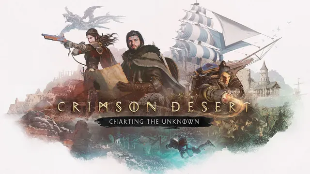 Crimson Desert Charting the Unknown key art with Kliff and companions in front of a tall sailing ship