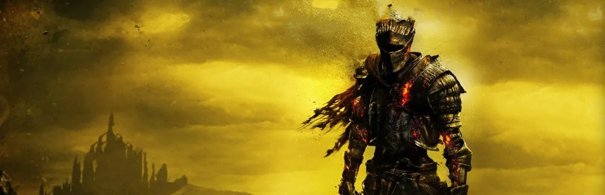 Dark Souls III artwork of the Ashen One standing in armour against a burnt yellow sky with a castle in the distance