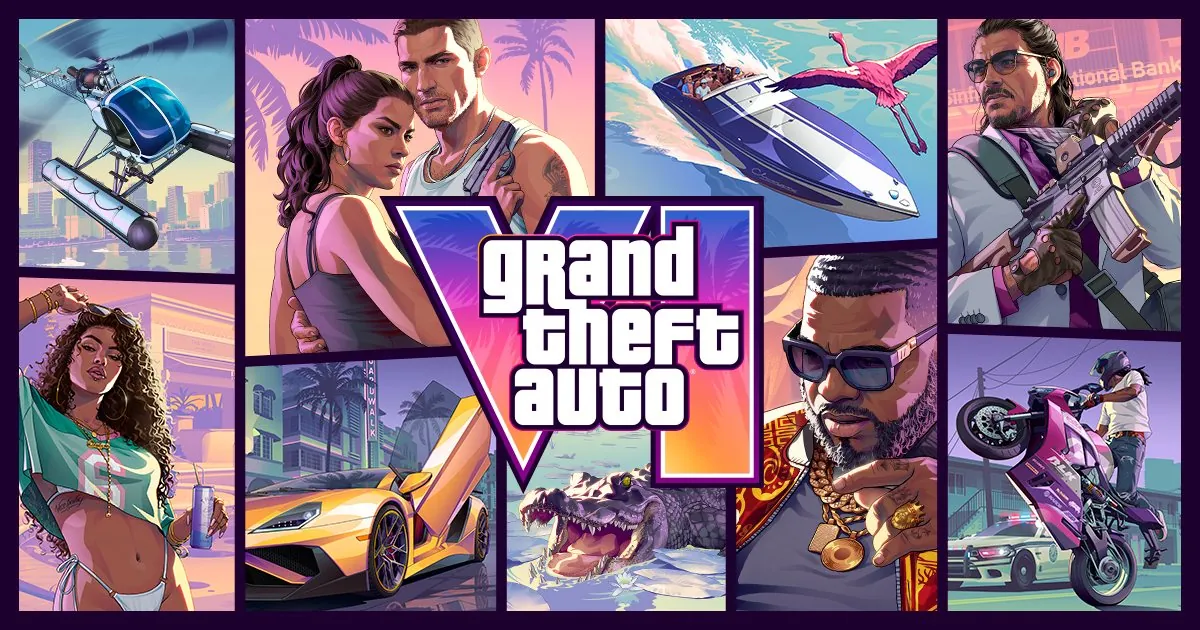 Grand Theft Auto VI key art collage with Lucia, Jason, boats, cars and a helicopter around the GTA VI logo