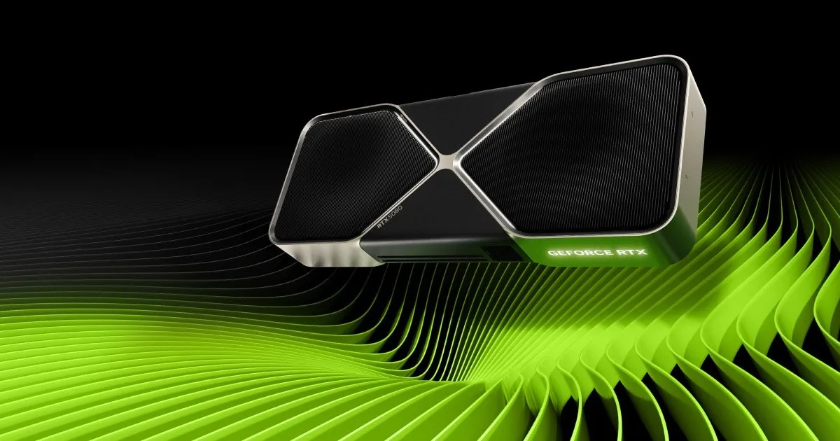 Nvidia GeForce RTX 5080 Founders Edition graphics card on a black background with green light waves