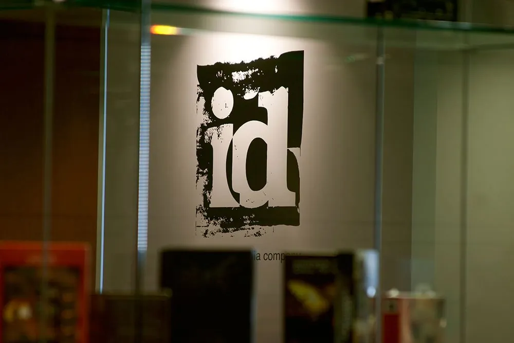 The id Software logo on a glass wall inside the studio