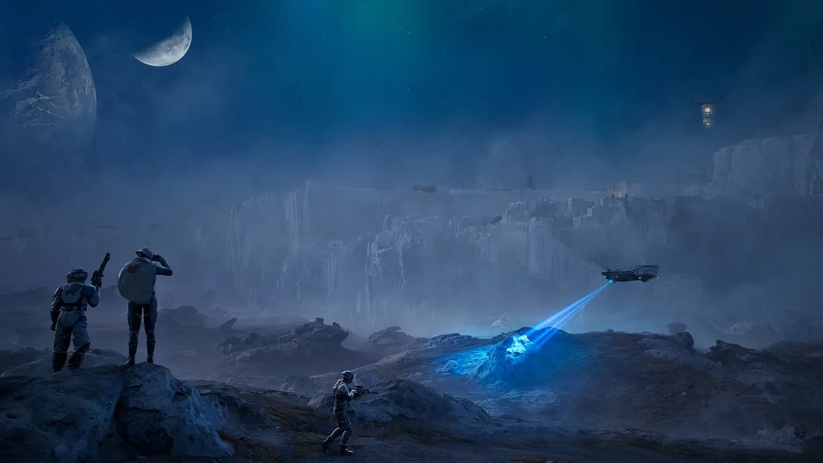 Dune: Awakening Blood and Ice art of figures on a snowy ridge under a moonlit sky with a flying craft