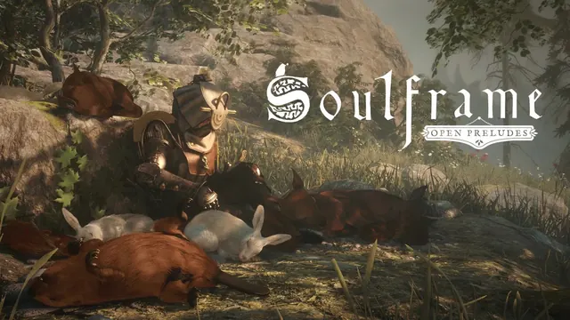 Soulframe art of a rider resting beside sleeping beasts in a sunlit forest, with the Soulframe logo