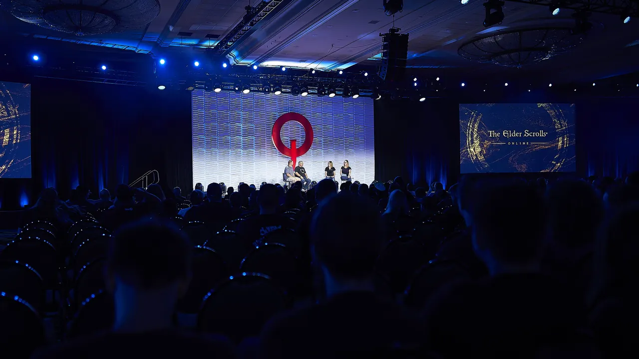 A crowd watching an Elder Scrolls Online panel on stage