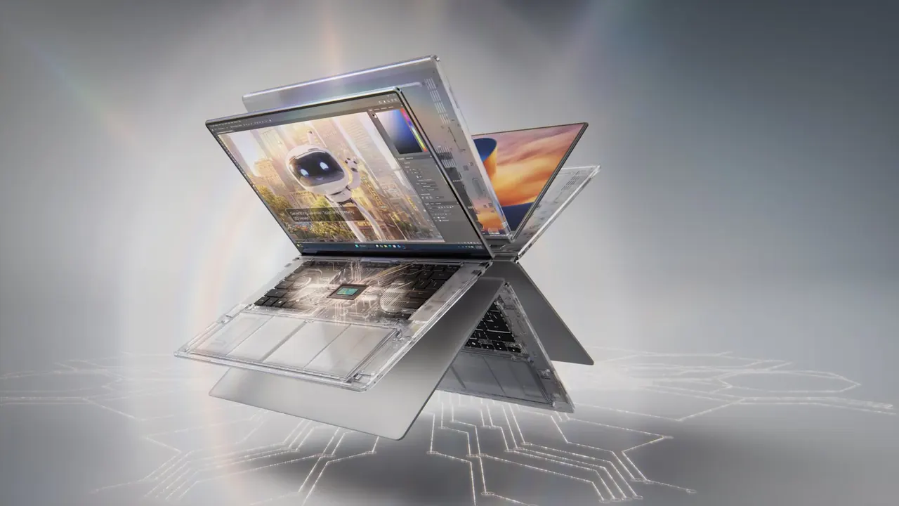 Silver laptops floating open against a grey background, one with a see-through body showing the chip inside